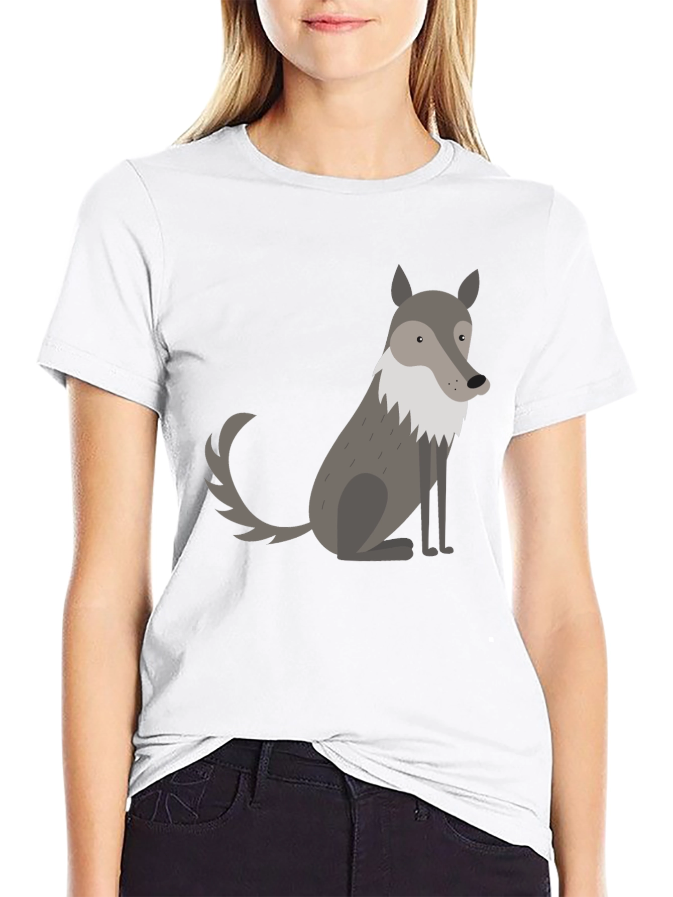 Mens Black T-Shirt with Cute Cartoon Wolf Graphic