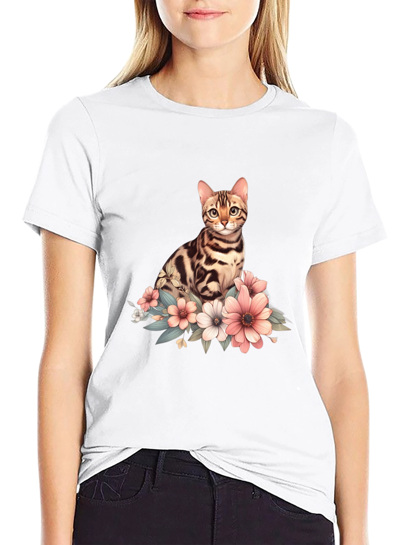 Cat and Flowers Graphic T-Shirt