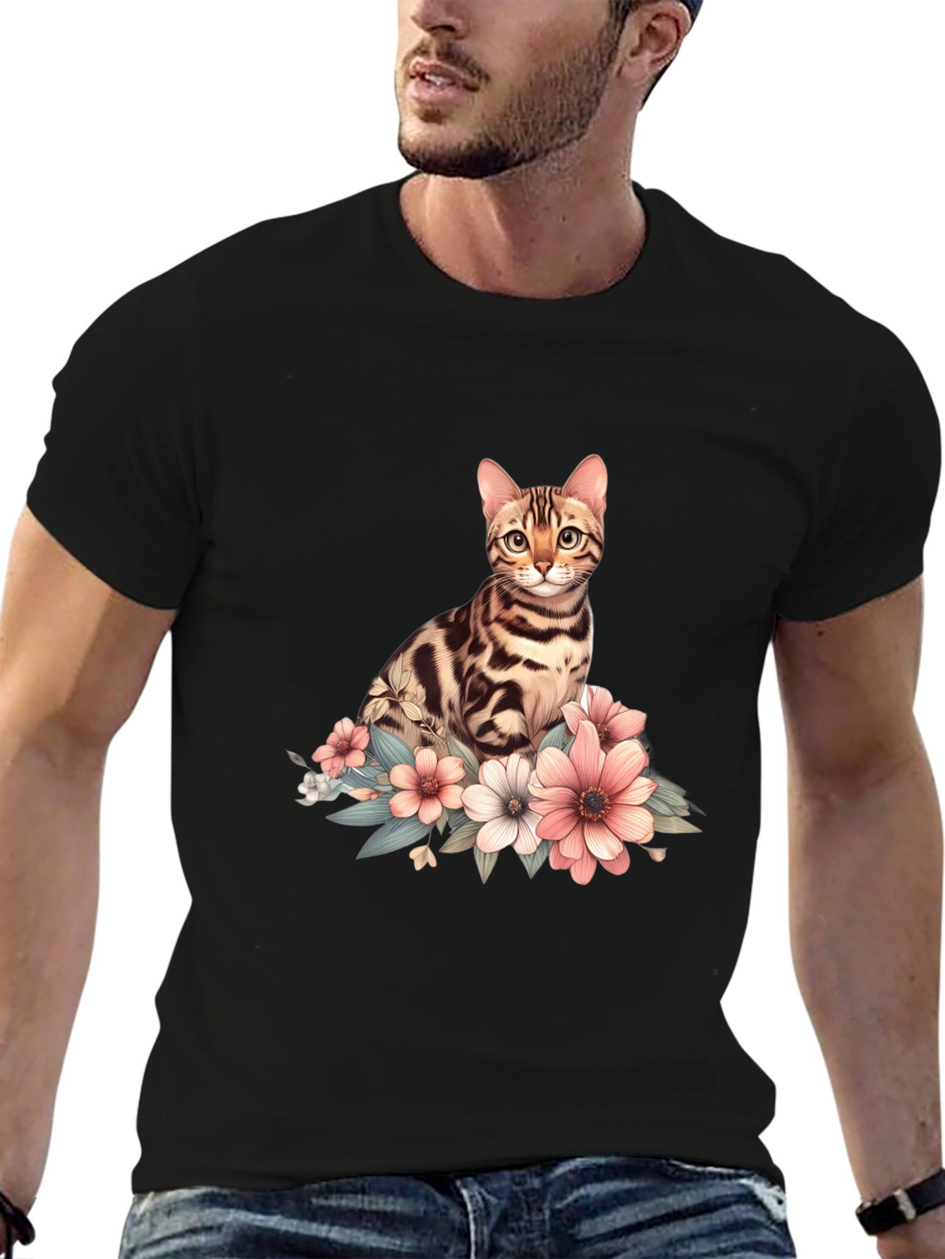 Cat and Flowers Graphic T-Shirt