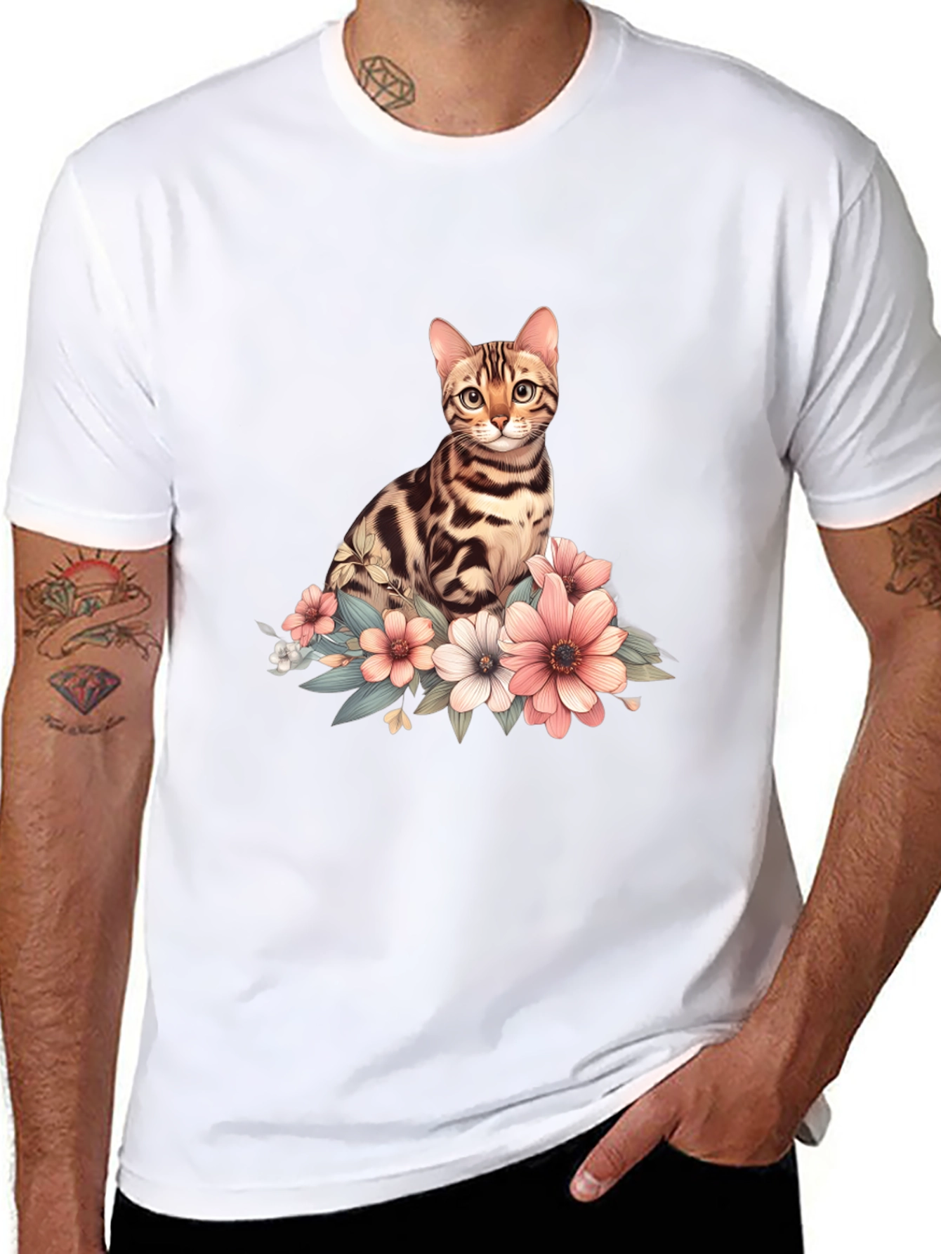 Cat and Flowers Graphic T-Shirt