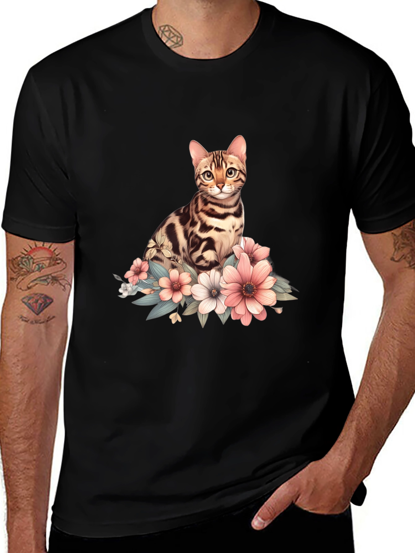 Cat and Flowers Graphic T-Shirt