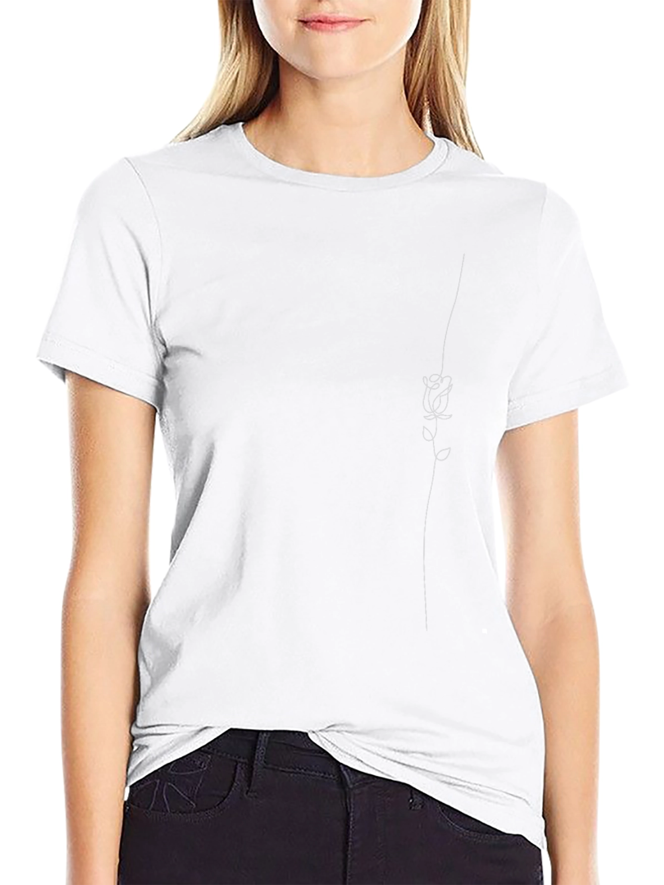 Minimalist Rose Line Art Black T-Shirt
