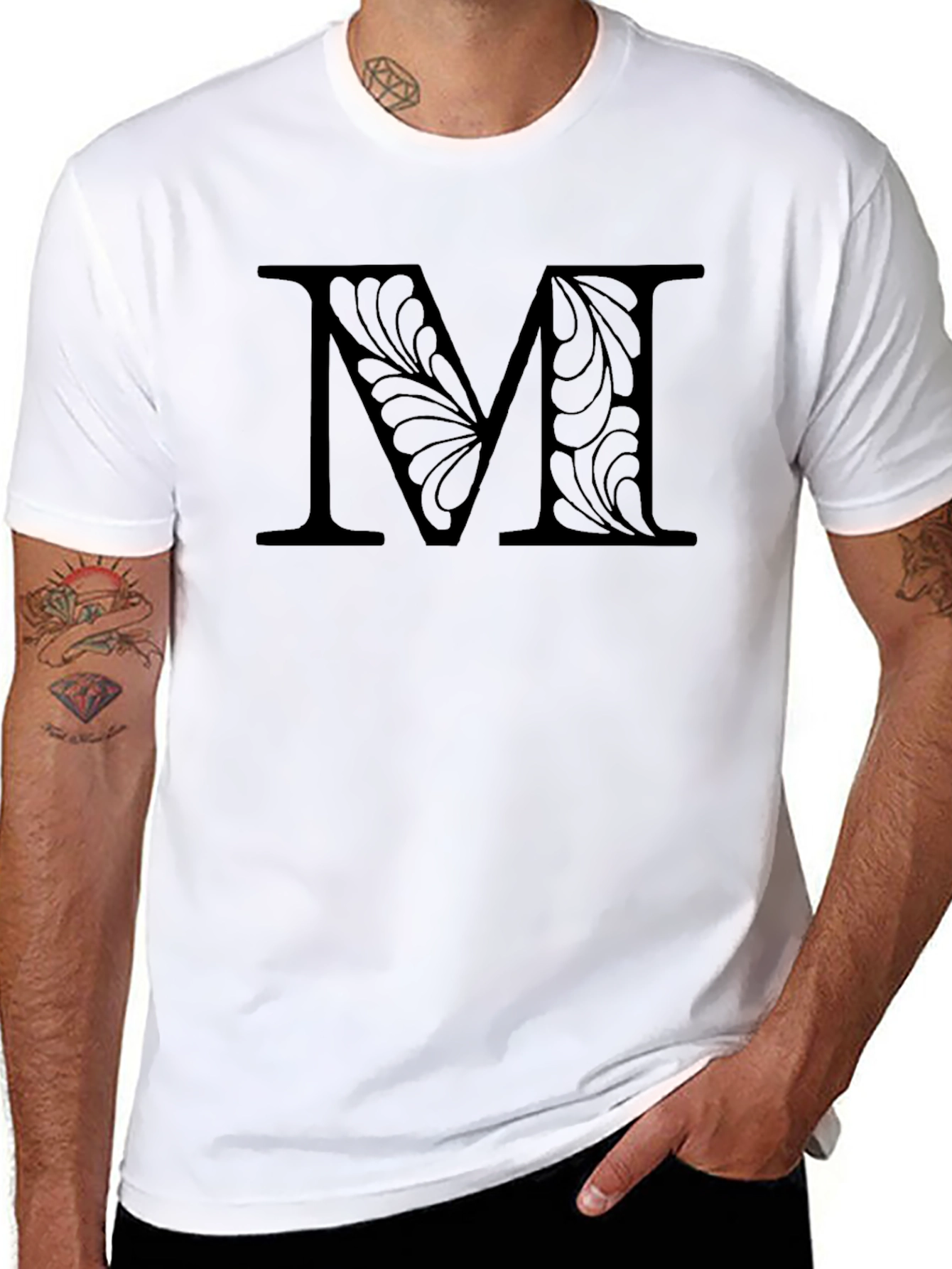 Floral Letter M Black T-Shirt