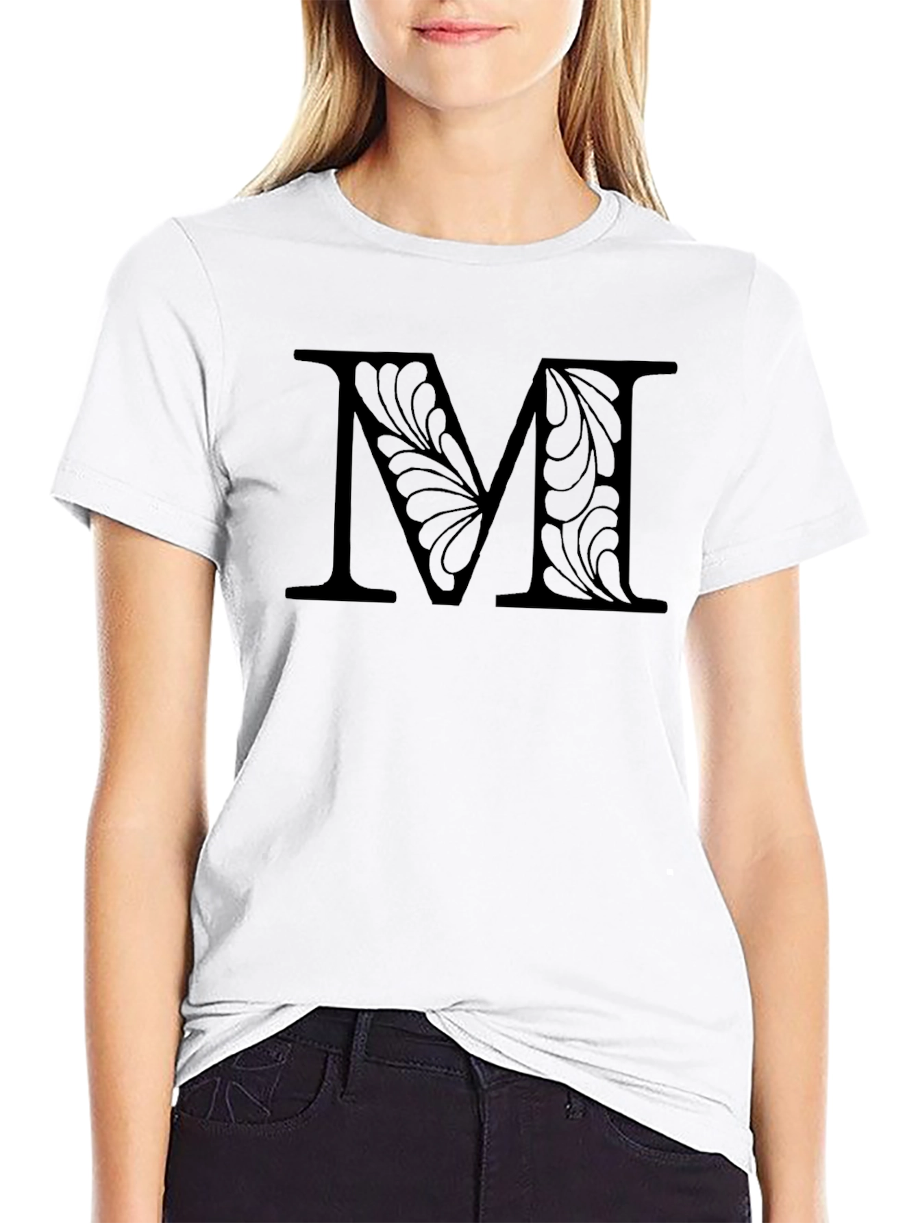 Floral Letter M Black T-Shirt