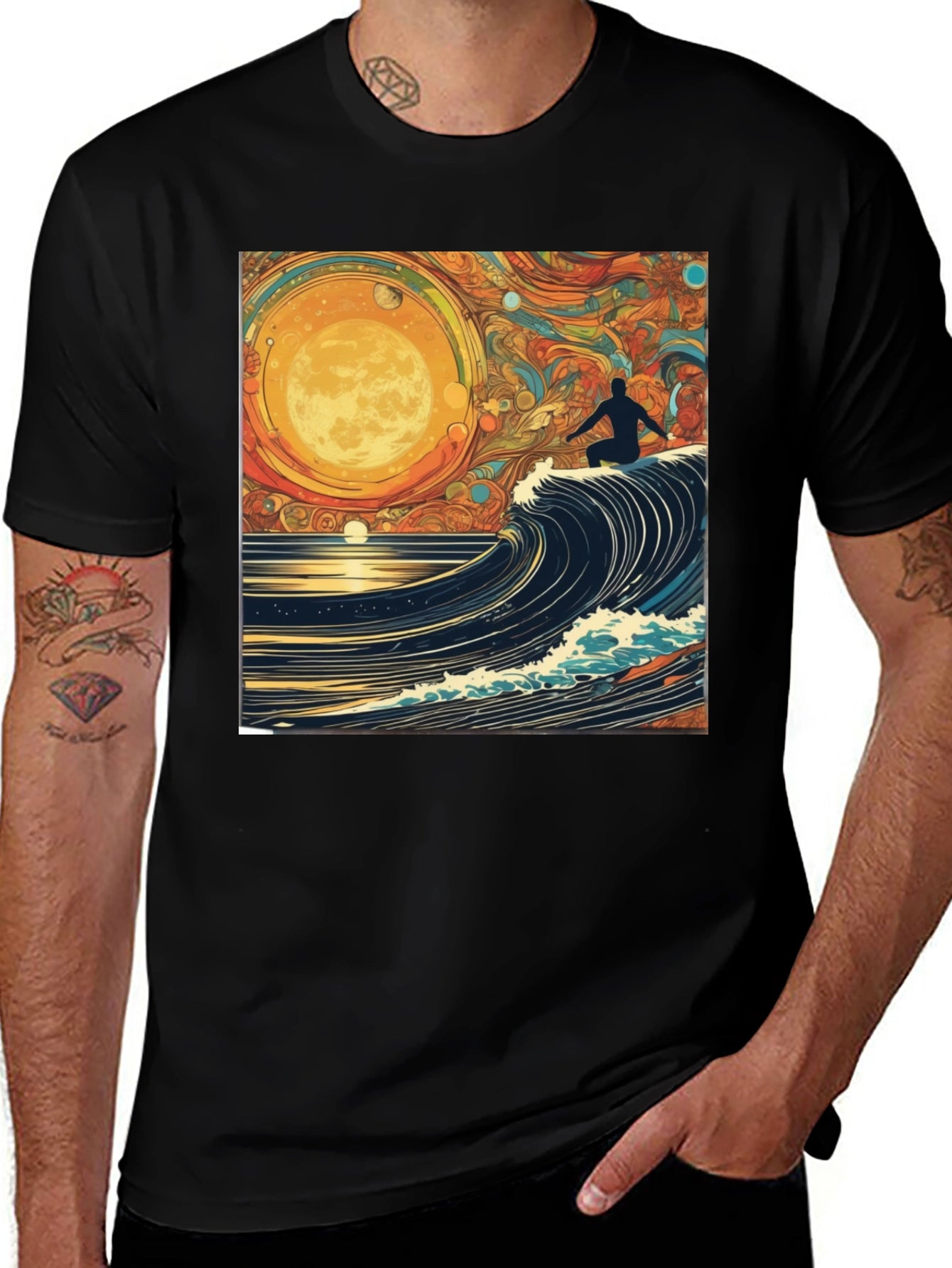 Surfing Wave Graphic Tee - Mens Black T-Shirt
