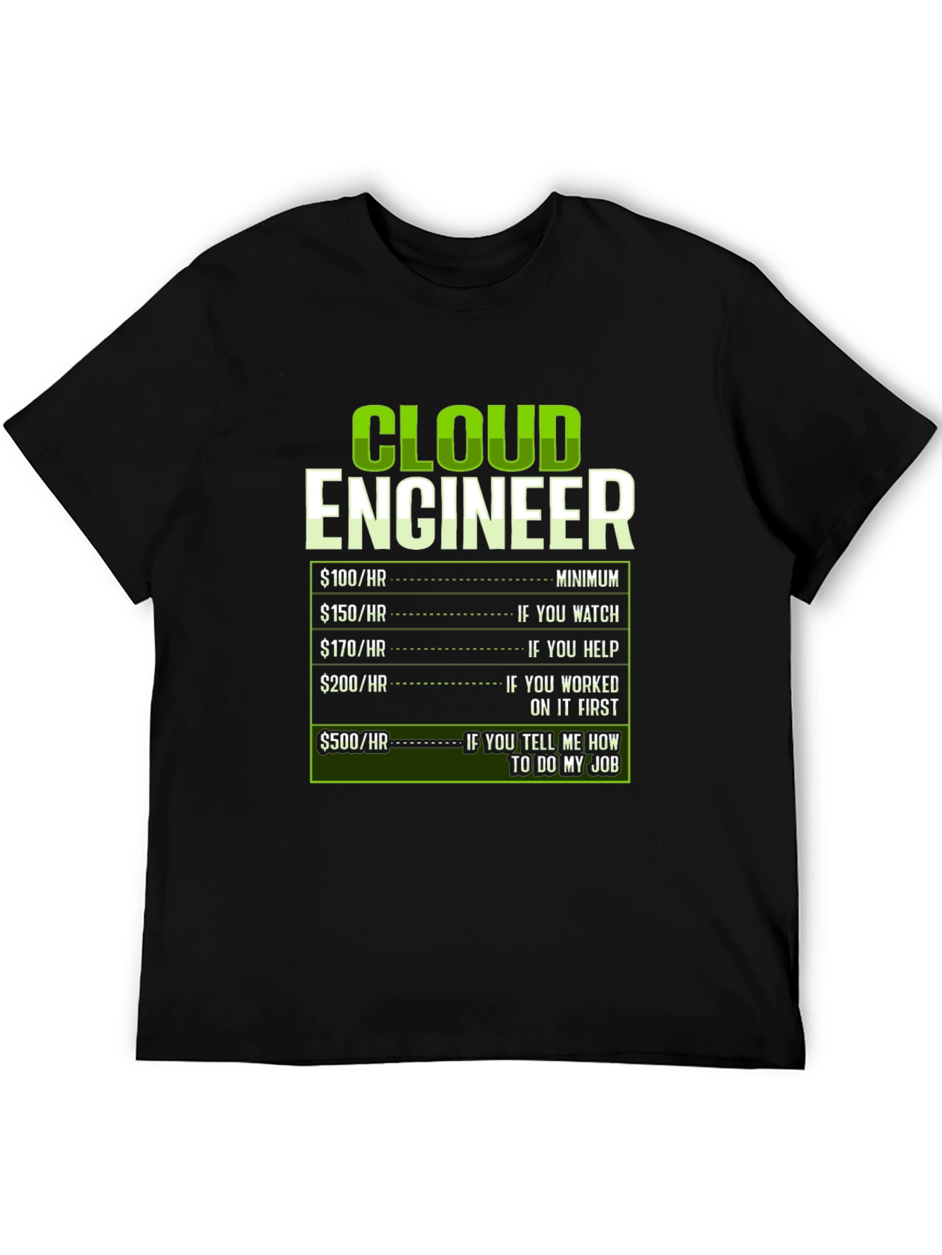 Cloud Engineer T-Shirt Funny Hourly Rate Programmer Gift