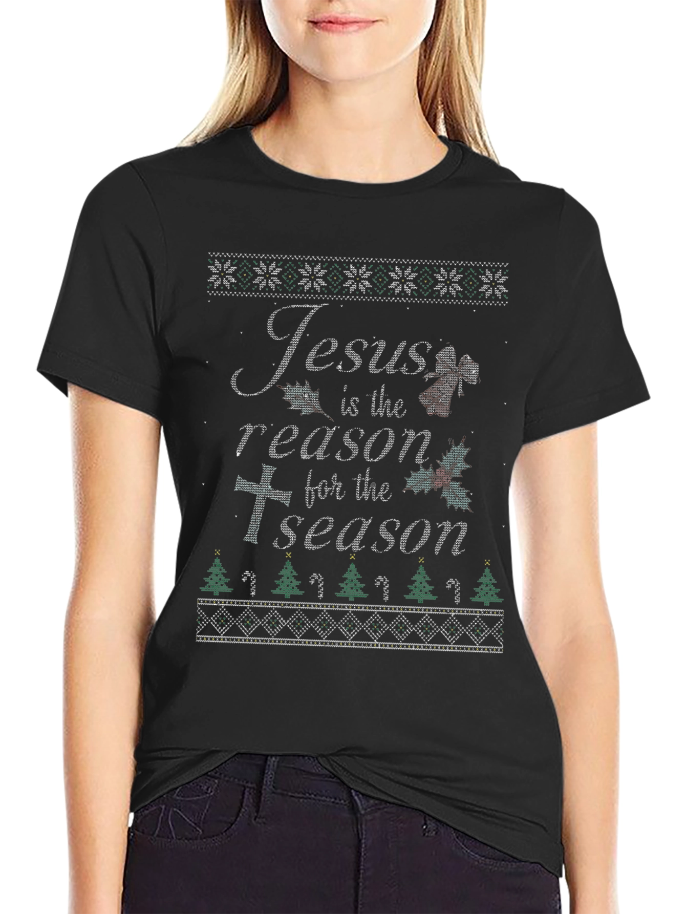 Ugly Christmas Sweater Style Jesus is the Reason T-Shirt