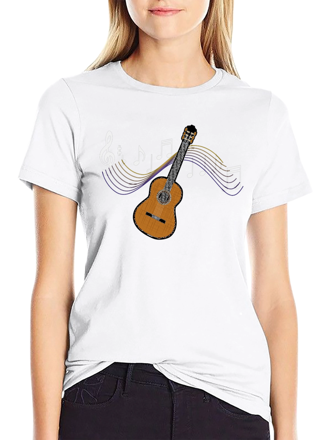 Guitar and Music Notes Graphic T-Shirt - Black