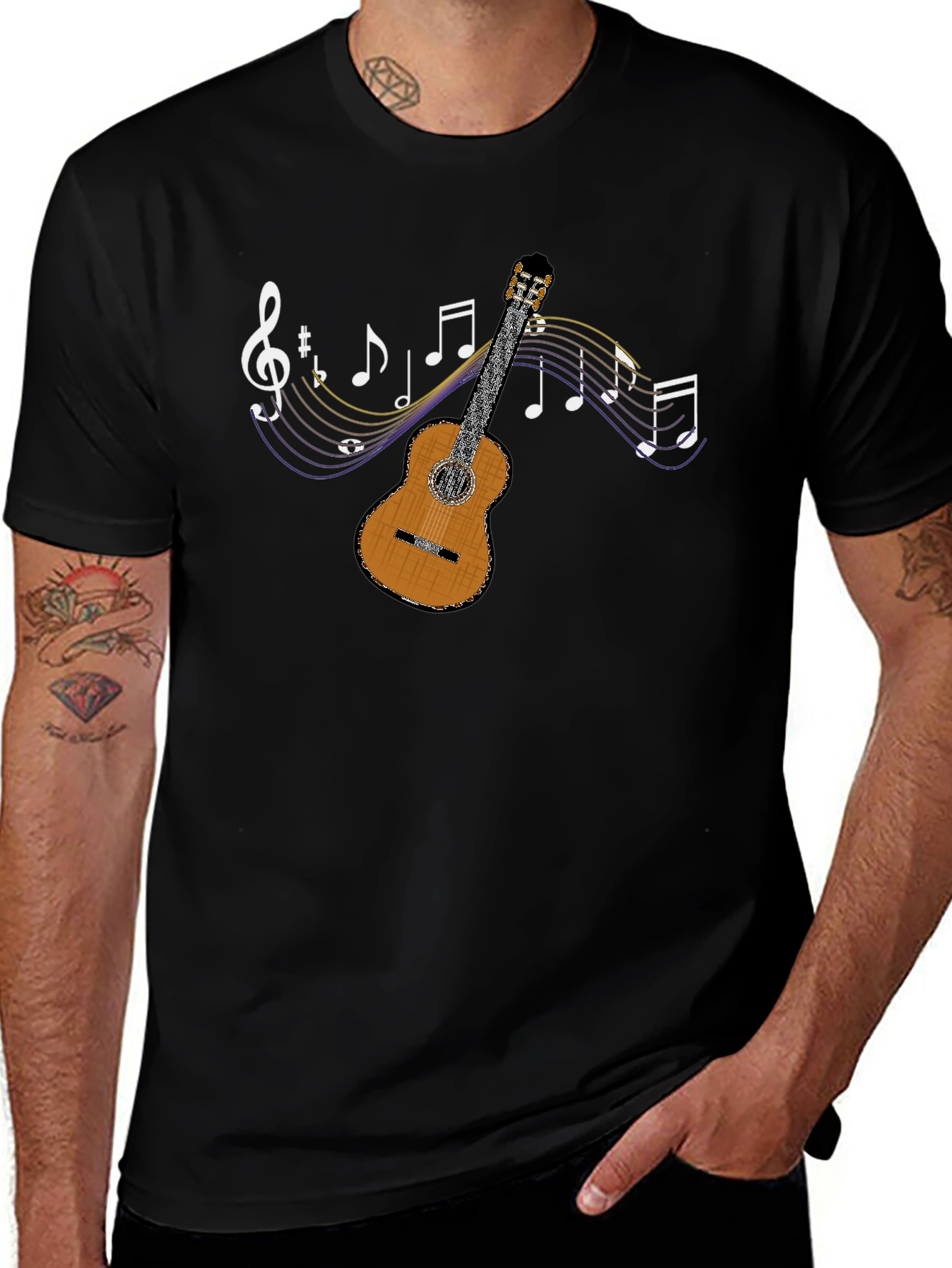 Guitar and Music Notes Graphic T-Shirt - Black