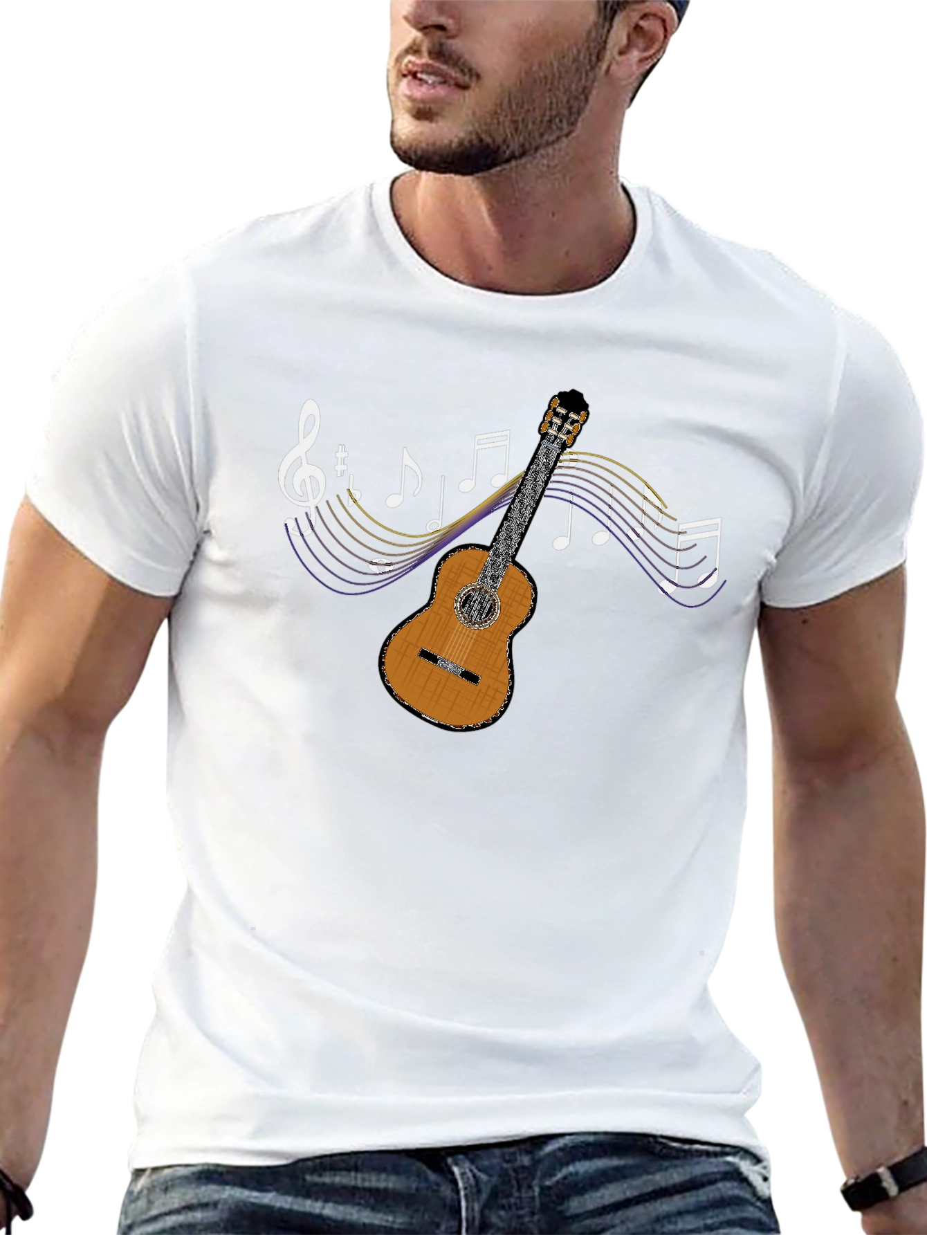 Guitar and Music Notes Graphic T-Shirt - Black