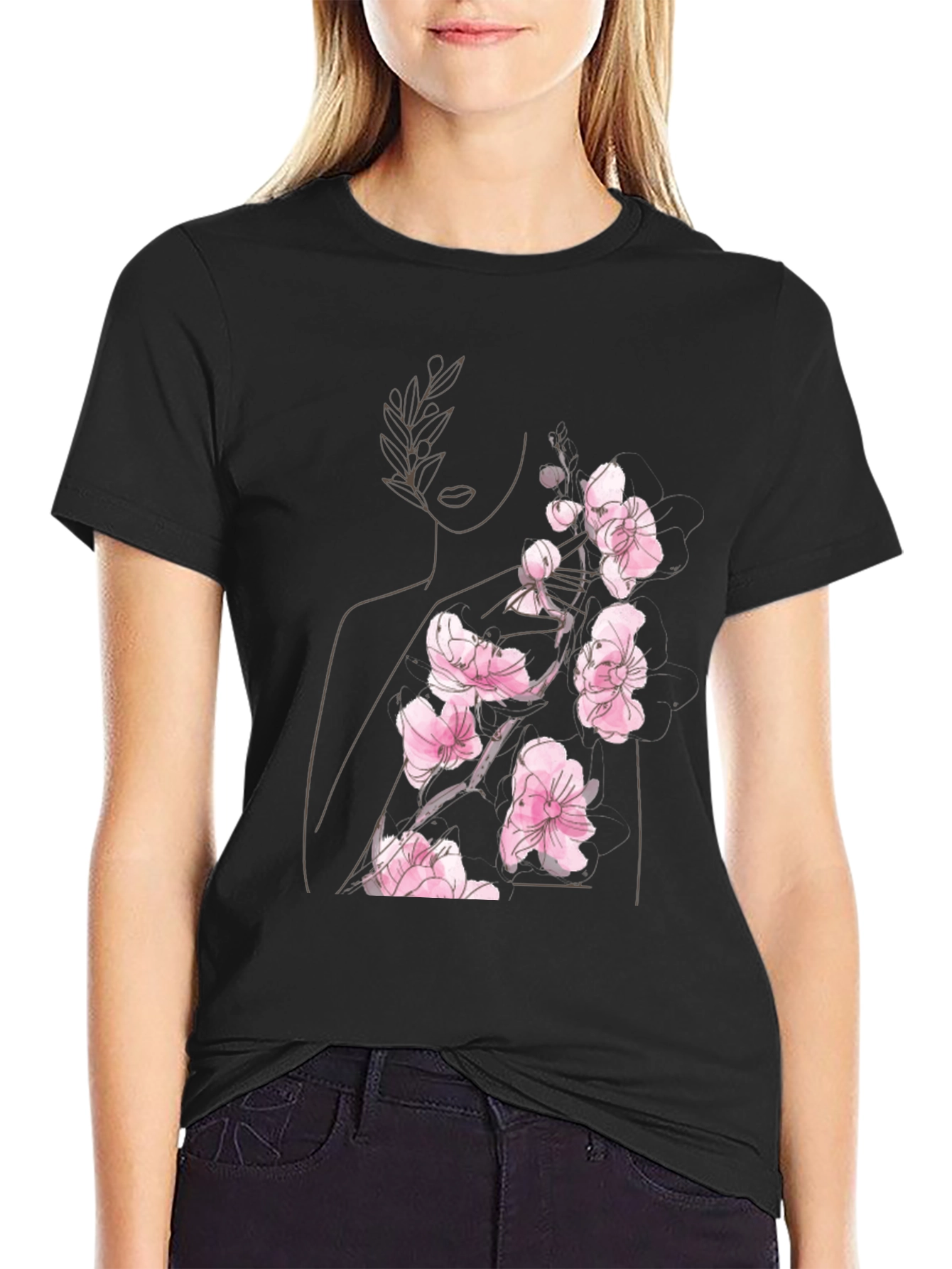 Floral Woman Graphic Black T-Shirt
