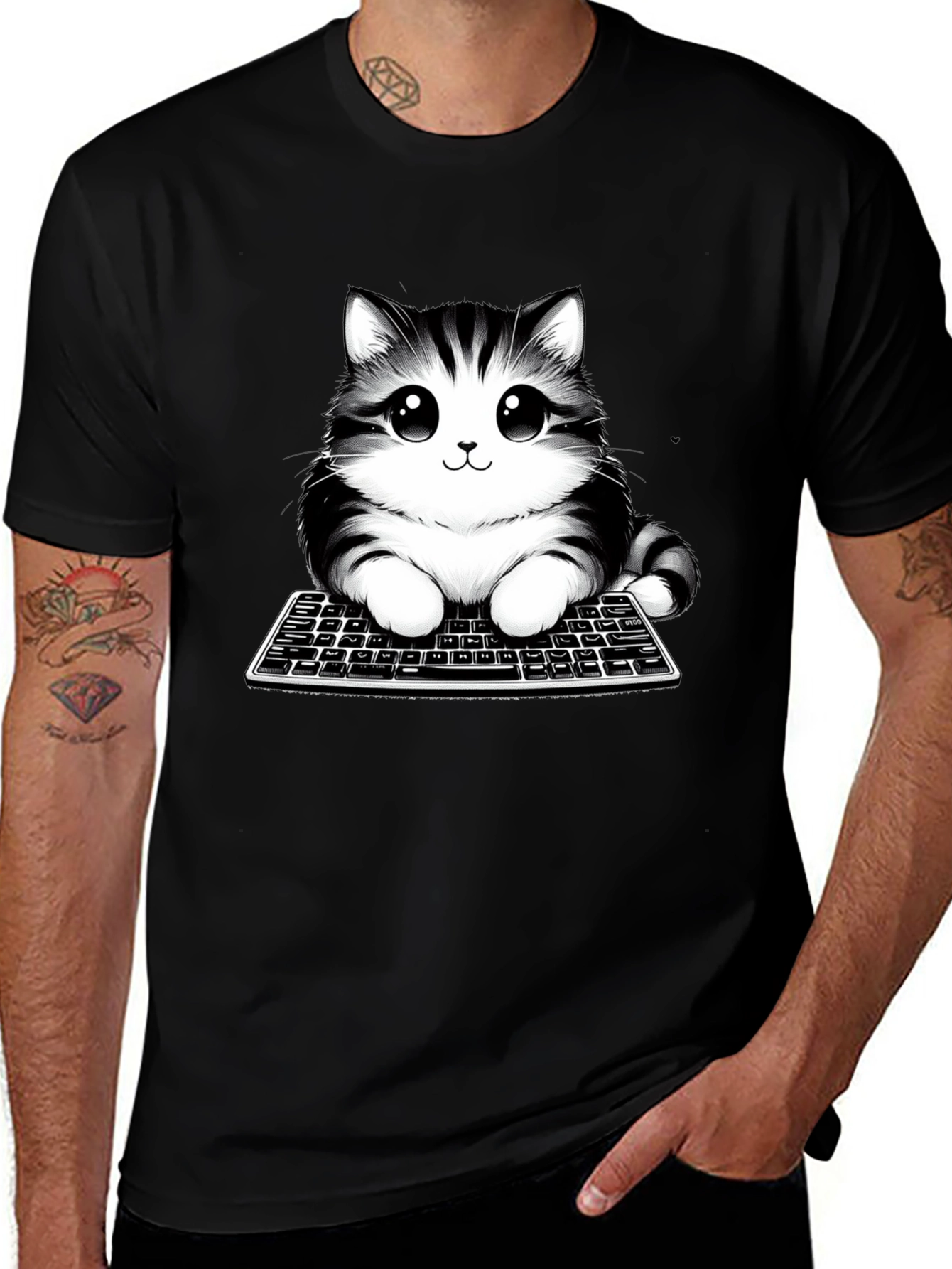 Cute Cat on Keyboard Black T-Shirt