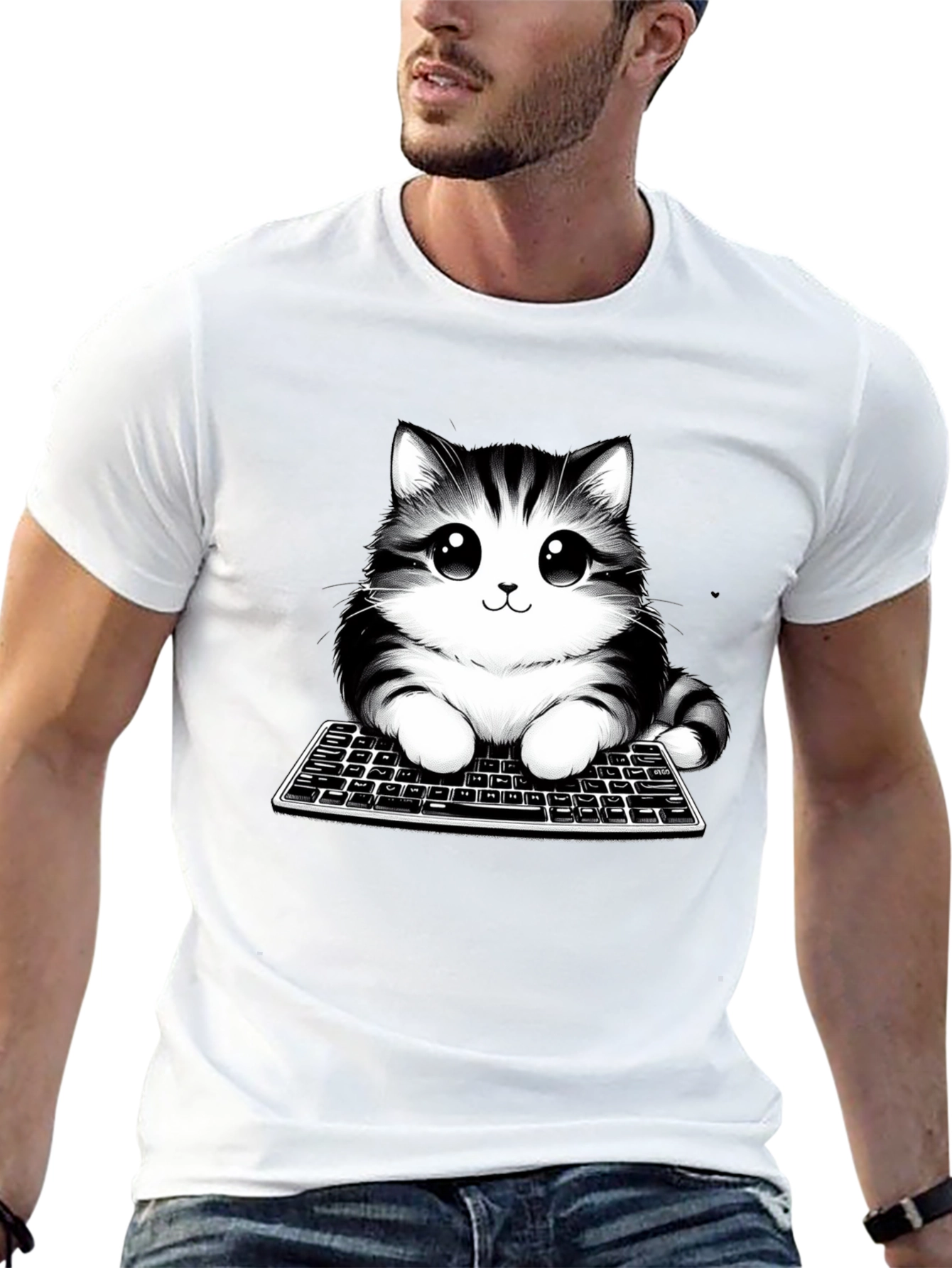 Cute Cat on Keyboard Black T-Shirt