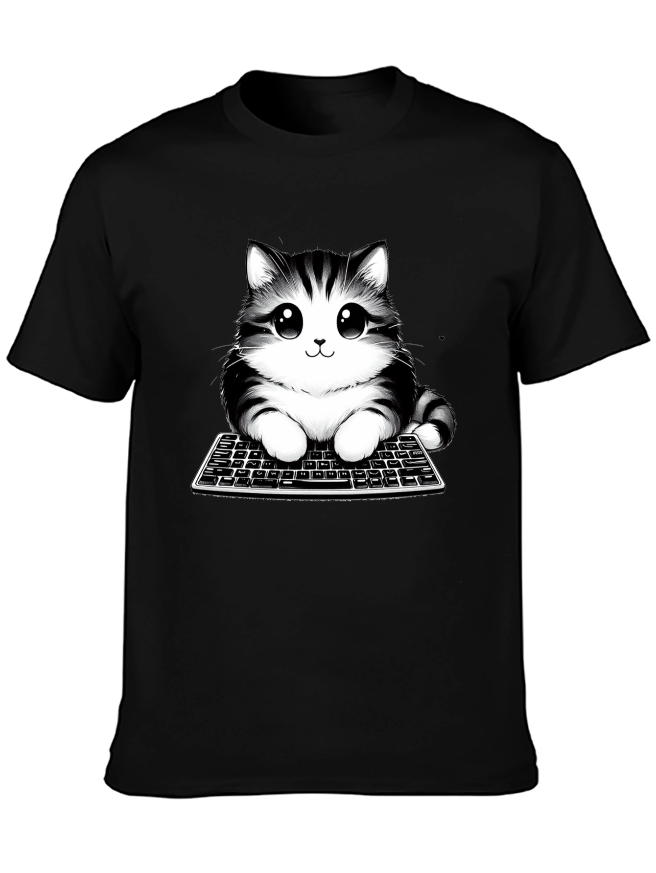 Cute Cat on Keyboard Black T-Shirt