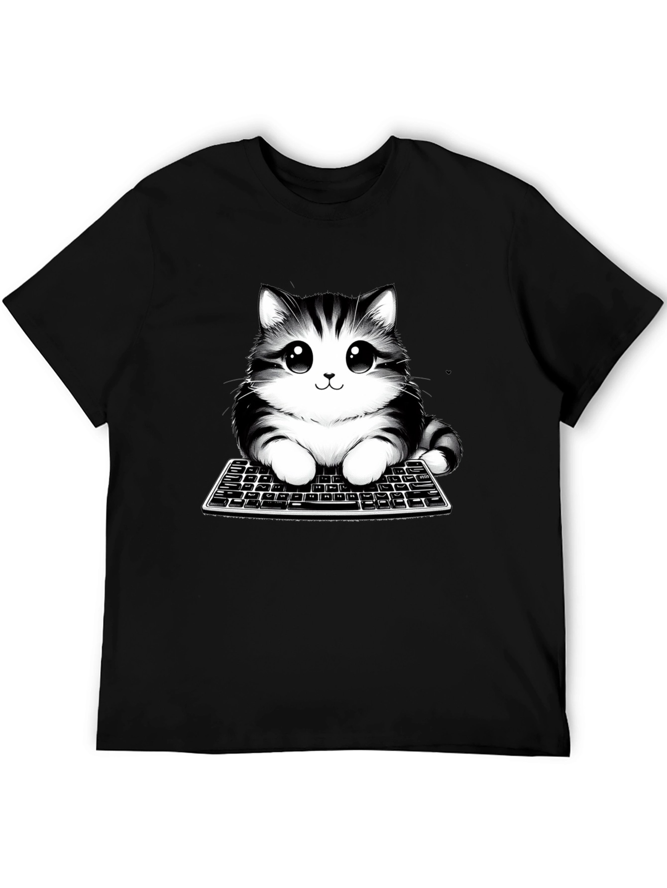 Cute Cat on Keyboard Black T-Shirt