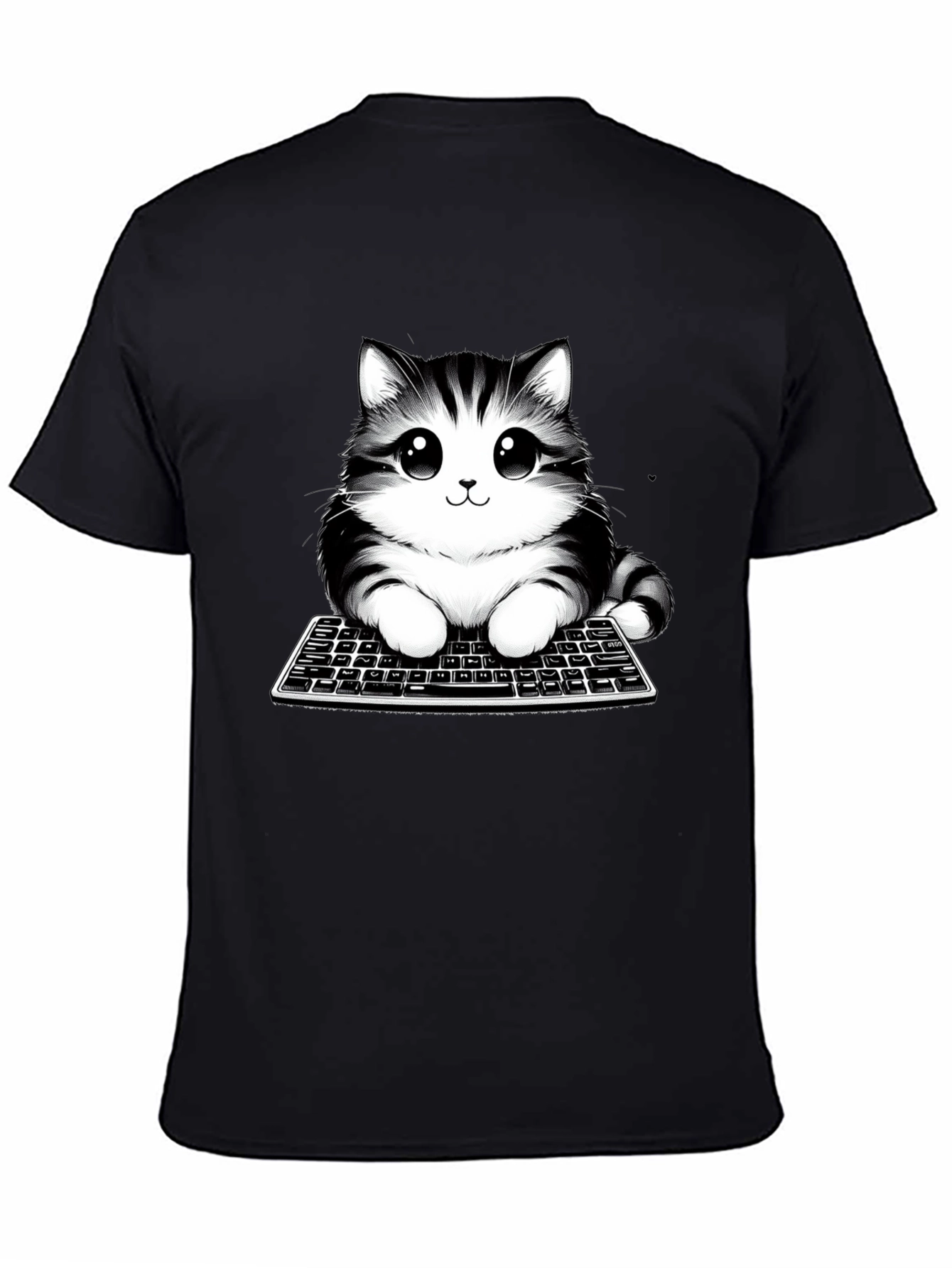 Cute Cat on Keyboard Black T-Shirt