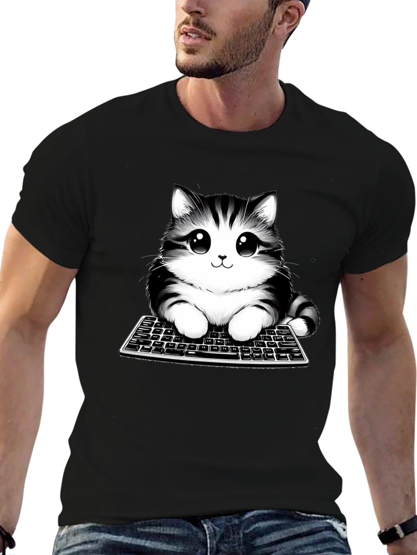 Cute Cat on Keyboard Black T-Shirt