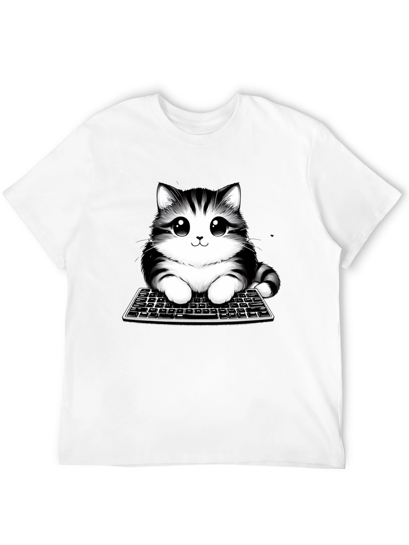 Cute Cat on Keyboard Black T-Shirt