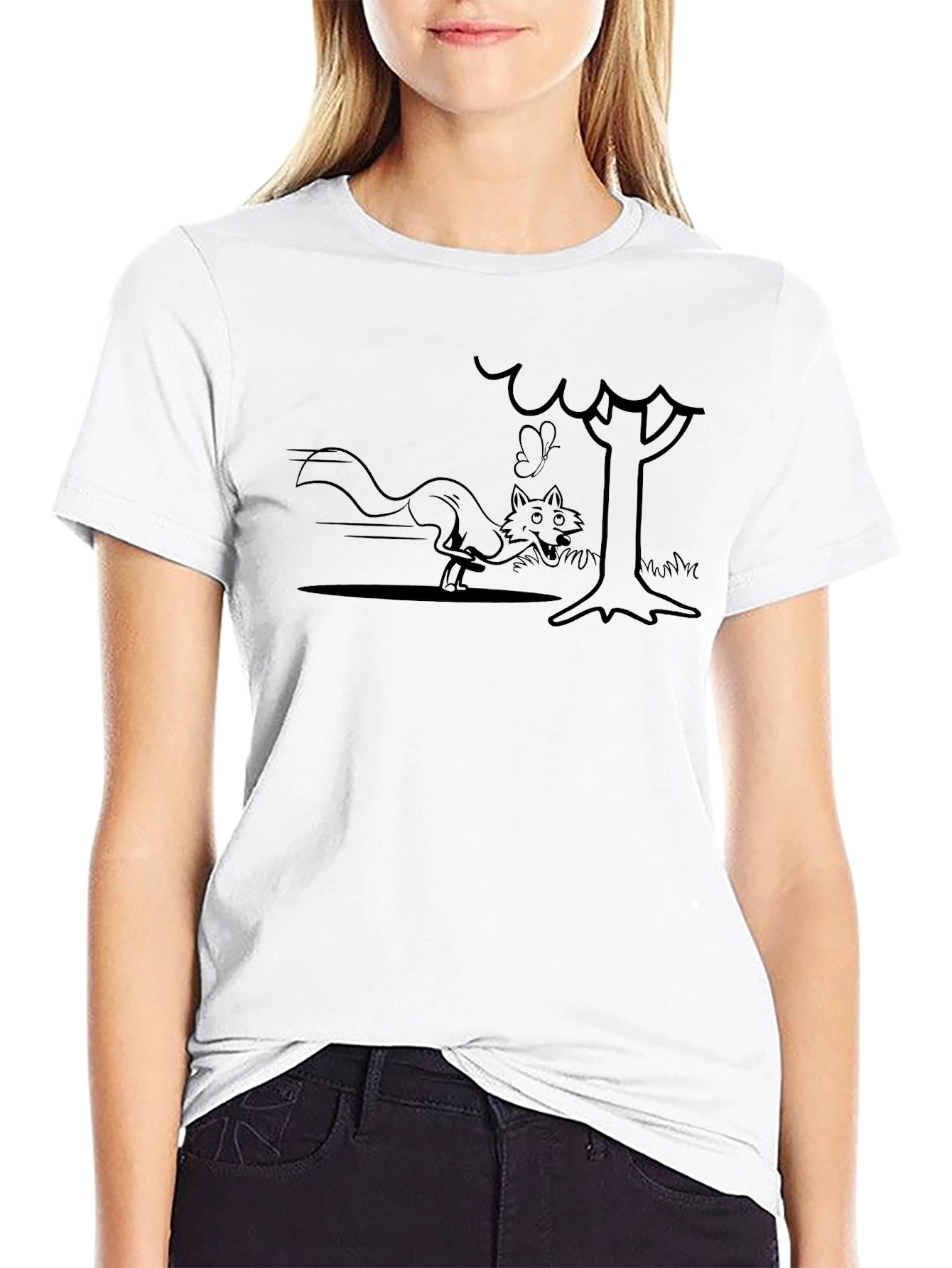 Cartoon Fox Chase Black T-Shirt