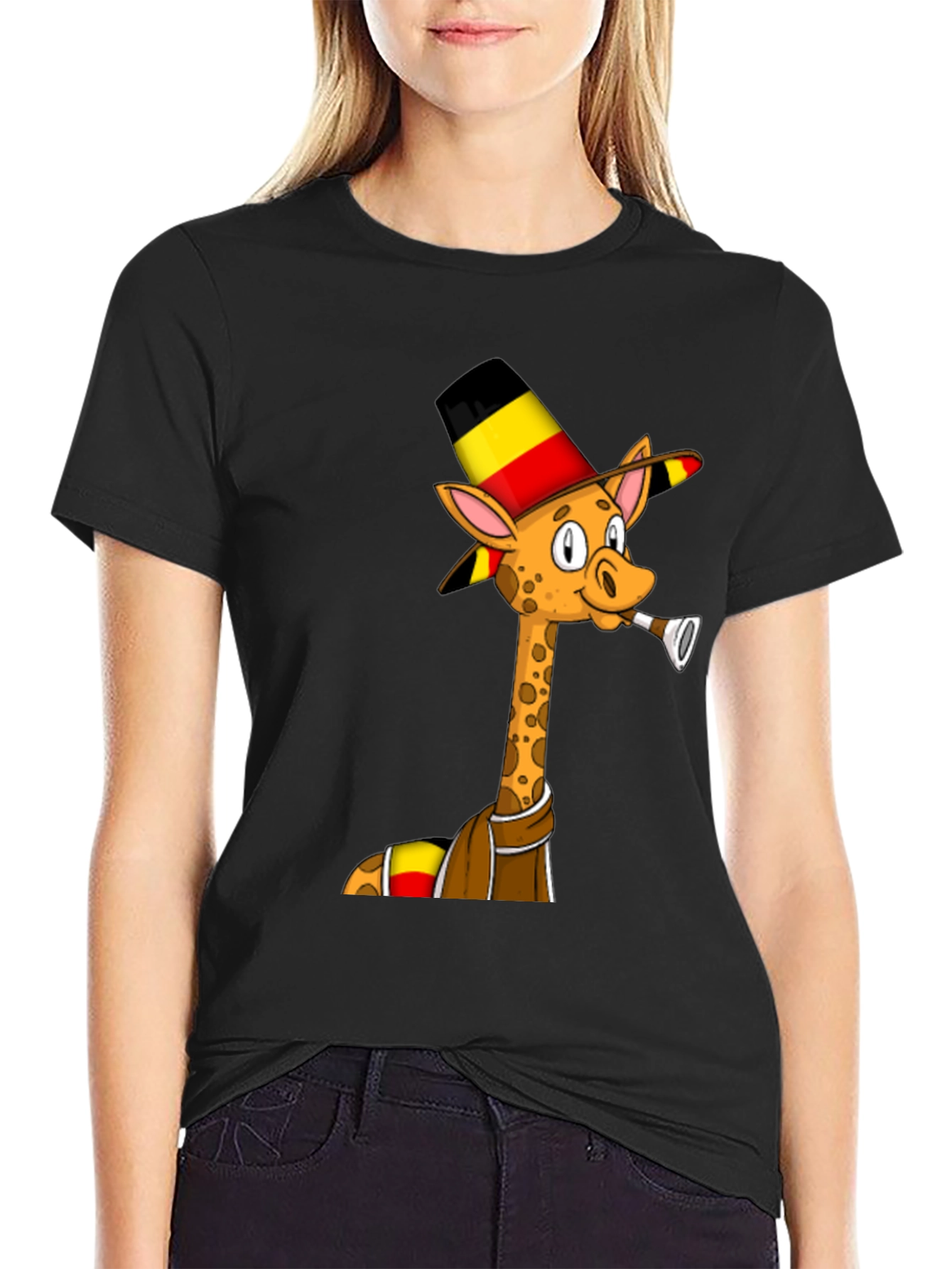 Giraffe T-Shirt: Cartoon Giraffe Wearing a Belgian Flag Hat