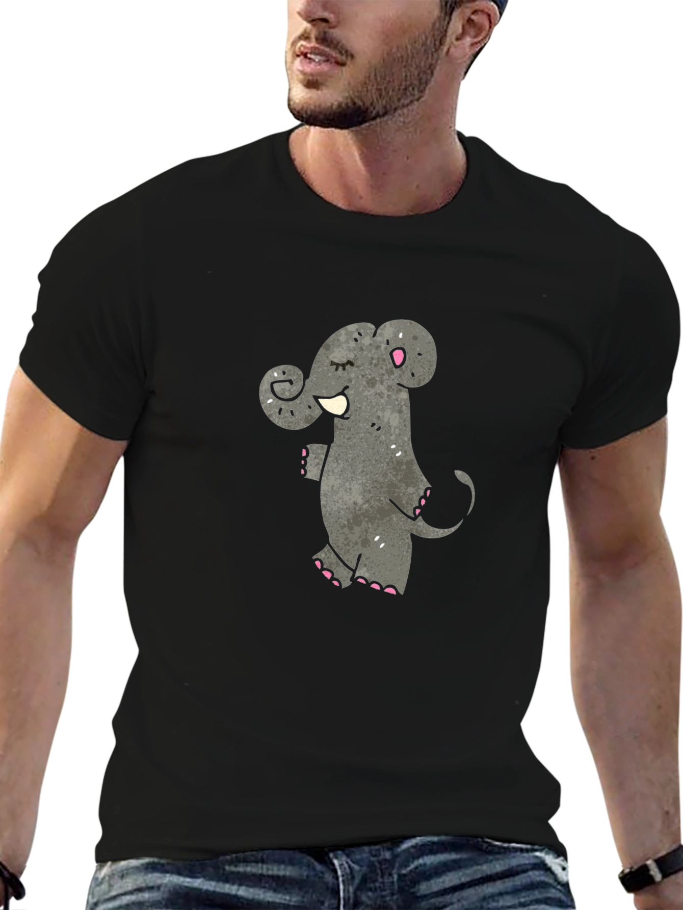 Cartoon Elephant Graphic T-Shirt - Black