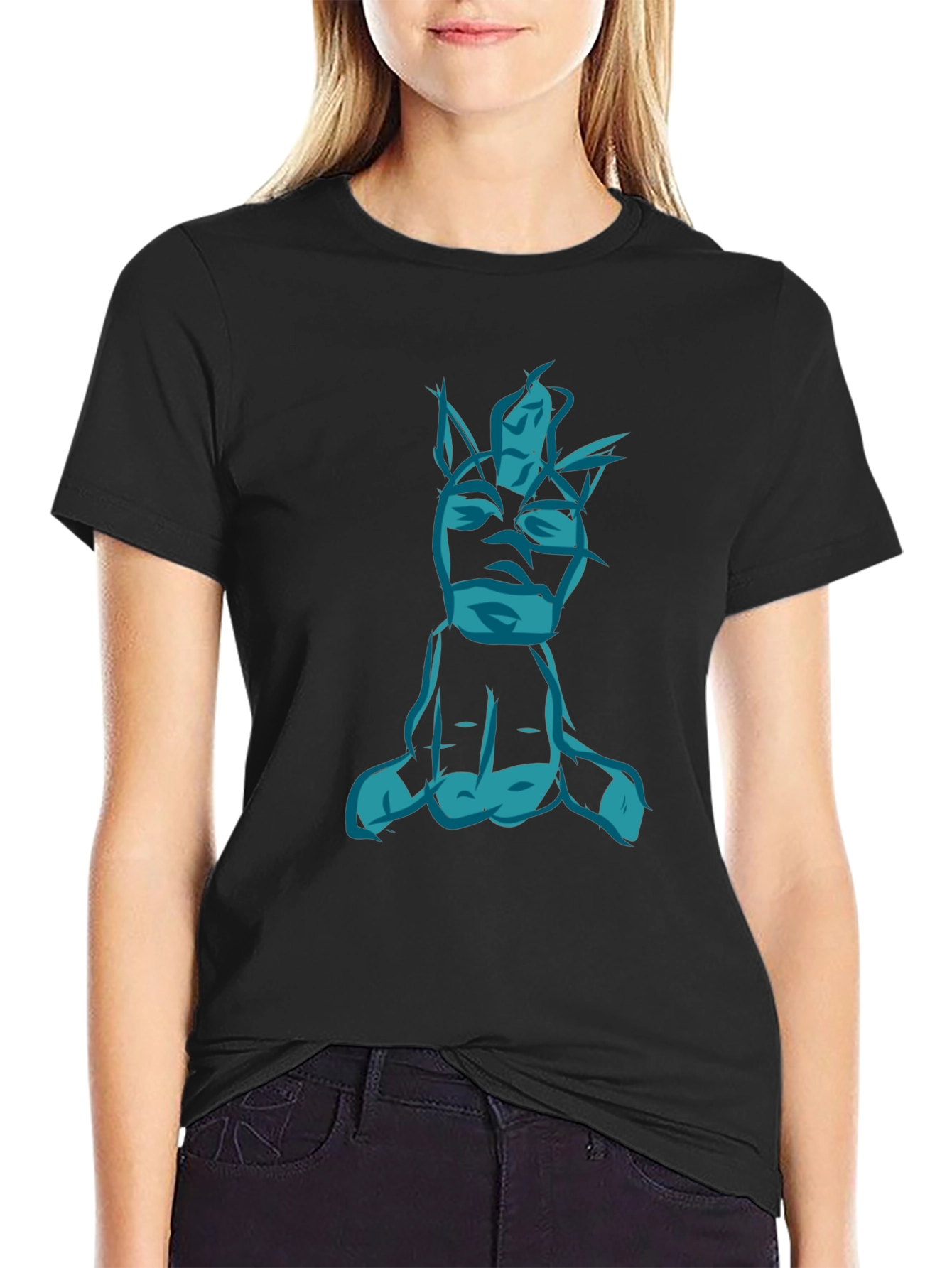Abstract Blue Figure Graphic Black T-Shirt
