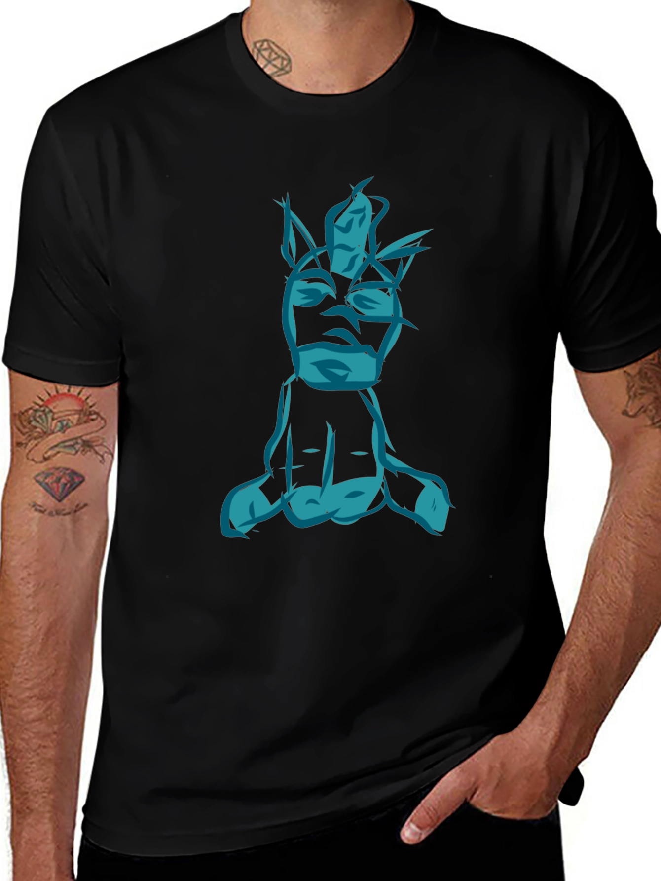 Abstract Blue Figure Graphic Black T-Shirt