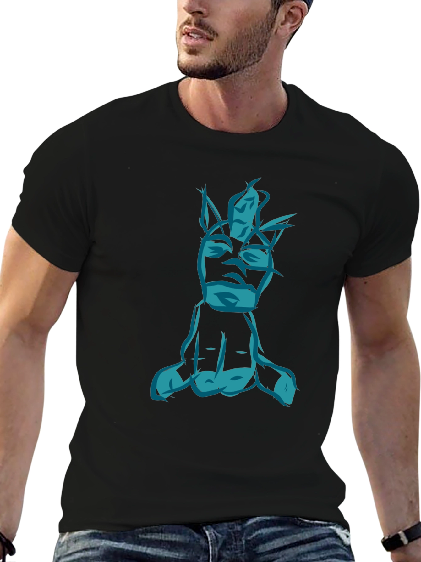 Abstract Blue Figure Graphic Black T-Shirt