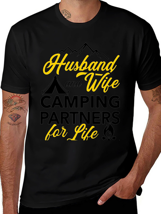 Husband and Wife Camping Partners for Life Black T-Shirt