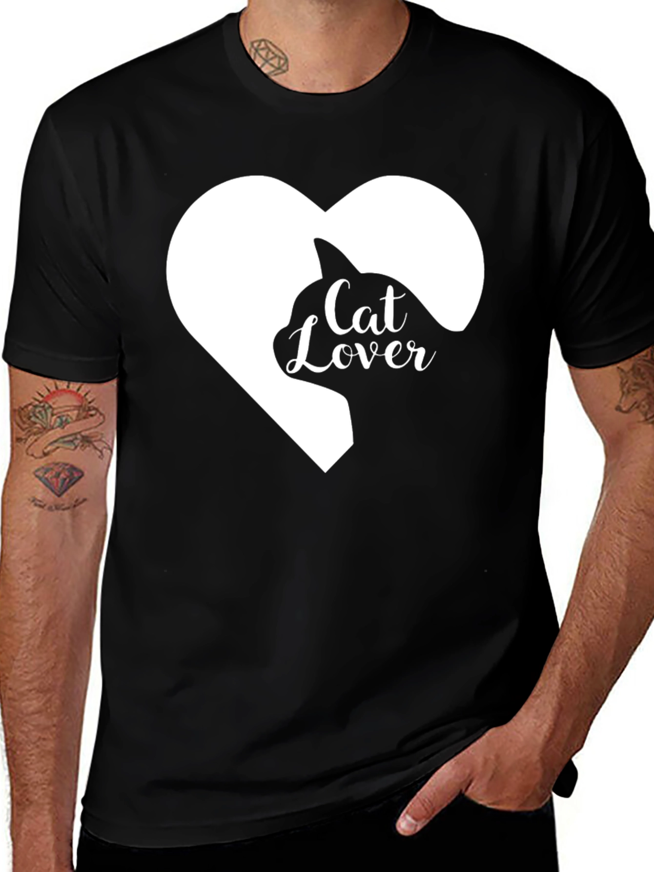 Cat Lover Heart Graphic Tee - Black