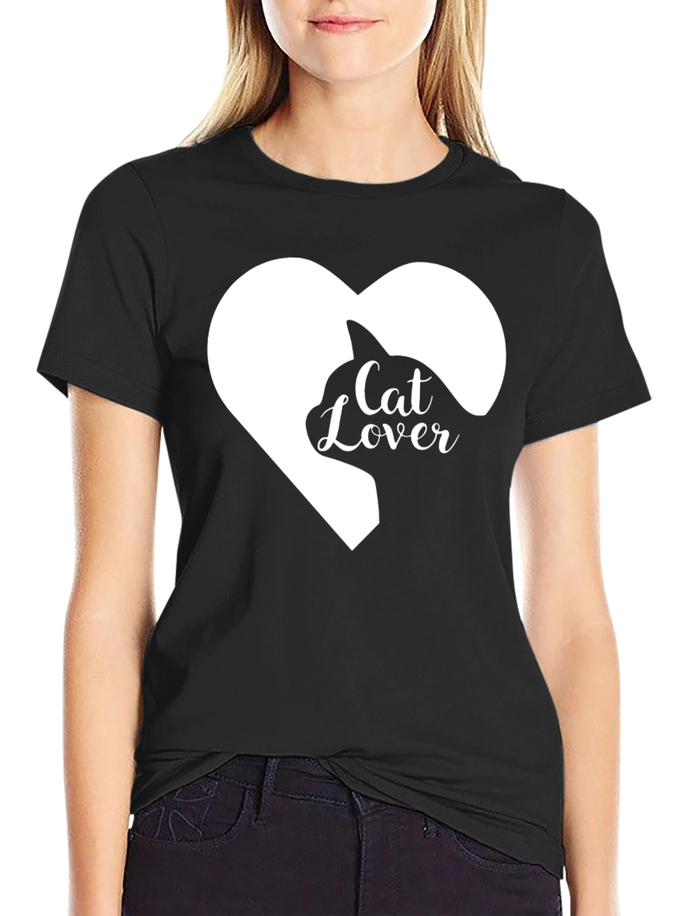 Cat Lover Heart Graphic Tee - Black