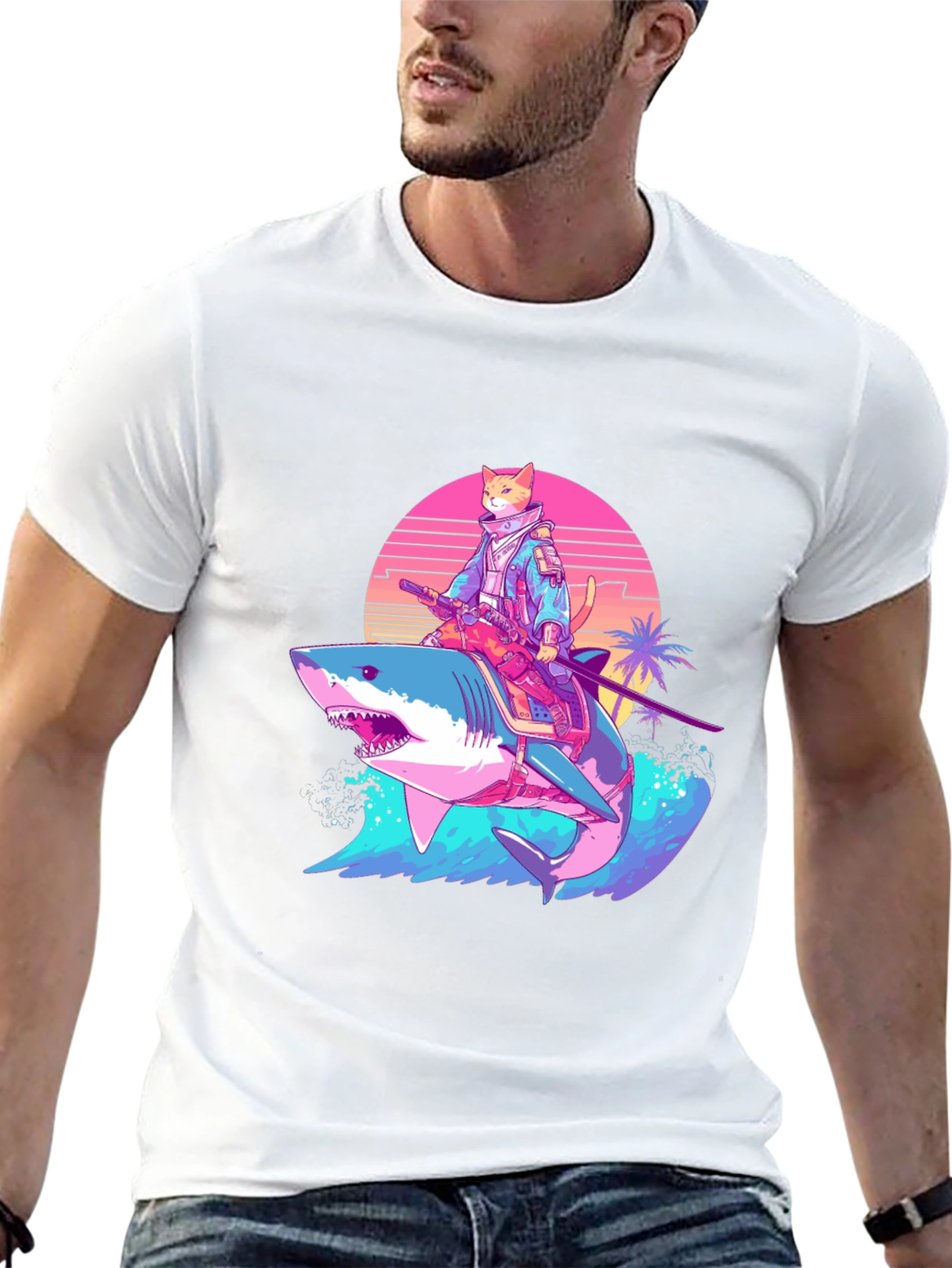 Cat Samurai Riding Shark T-Shirt