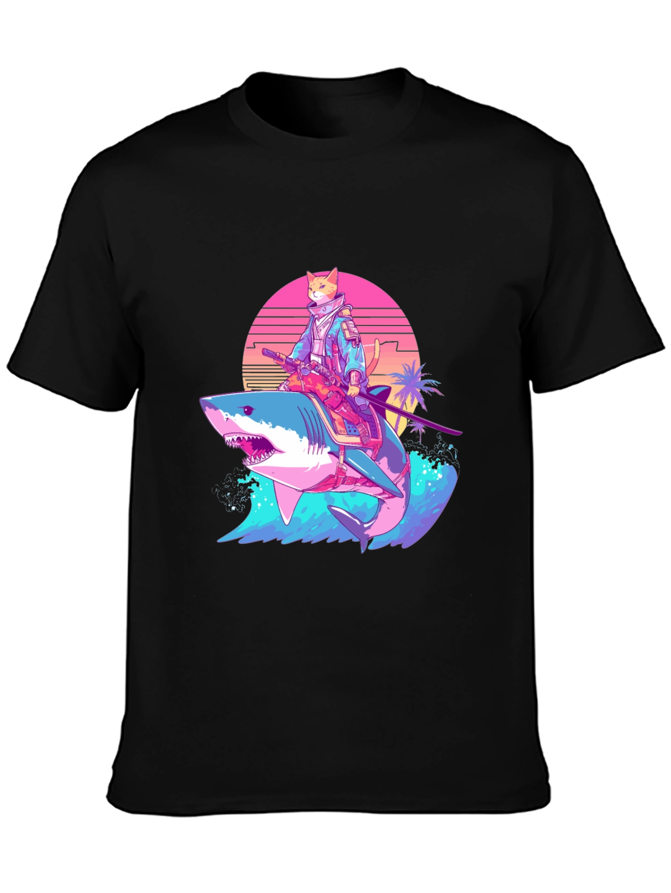 Cat Samurai Riding Shark T-Shirt