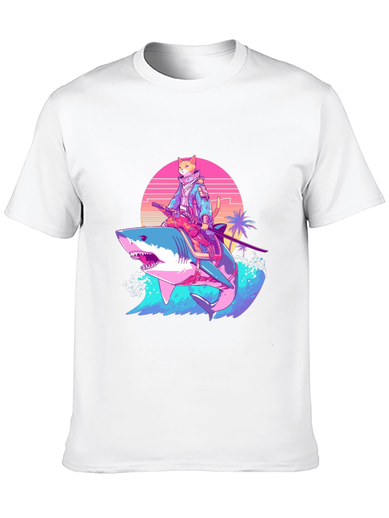 Cat Samurai Riding Shark T-Shirt