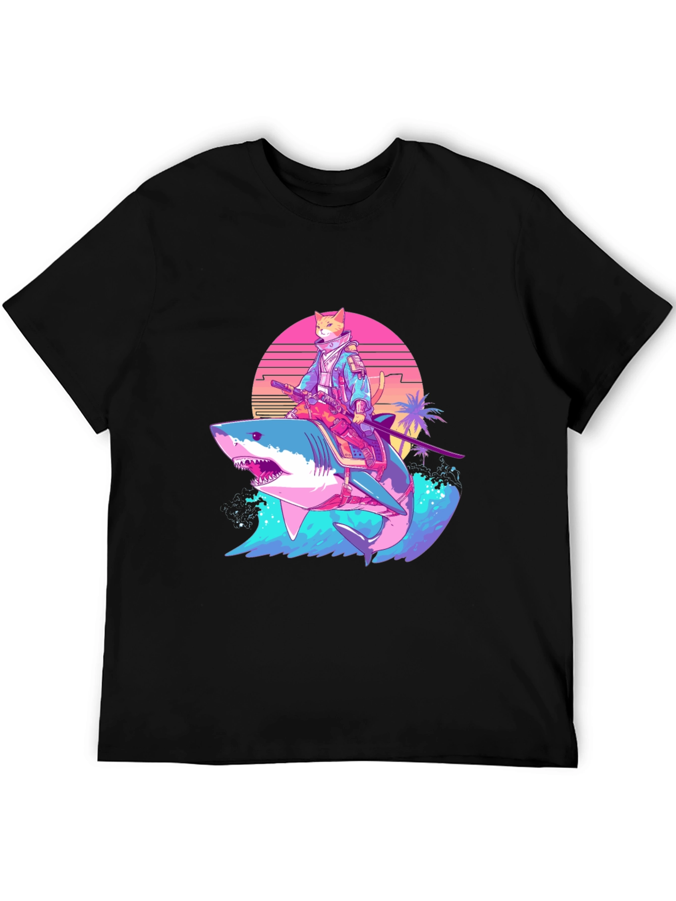 Cat Samurai Riding Shark T-Shirt