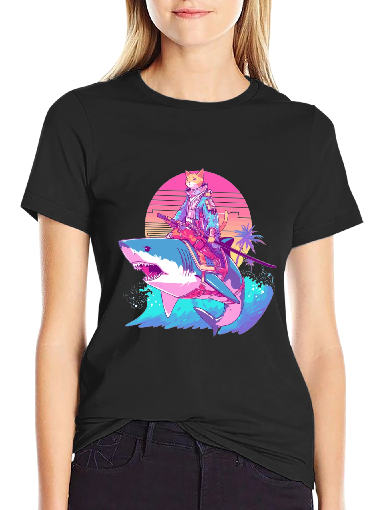 Cat Samurai Riding Shark T-Shirt