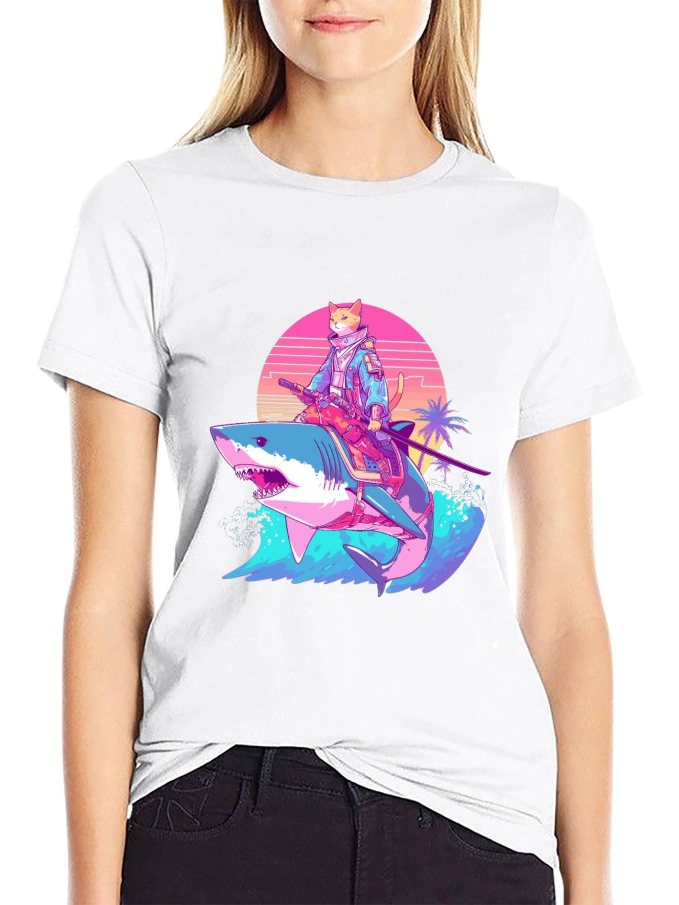 Cat Samurai Riding Shark T-Shirt