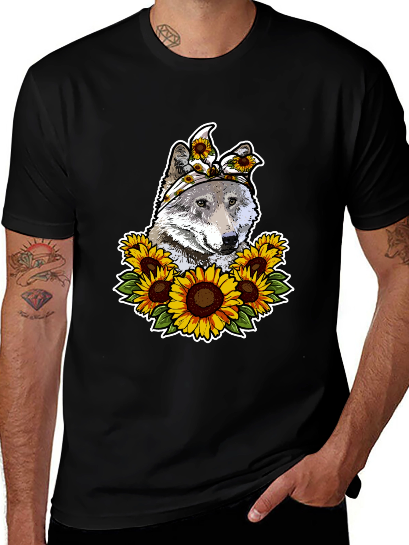Wolf Sunflower Graphic Print T-Shirt