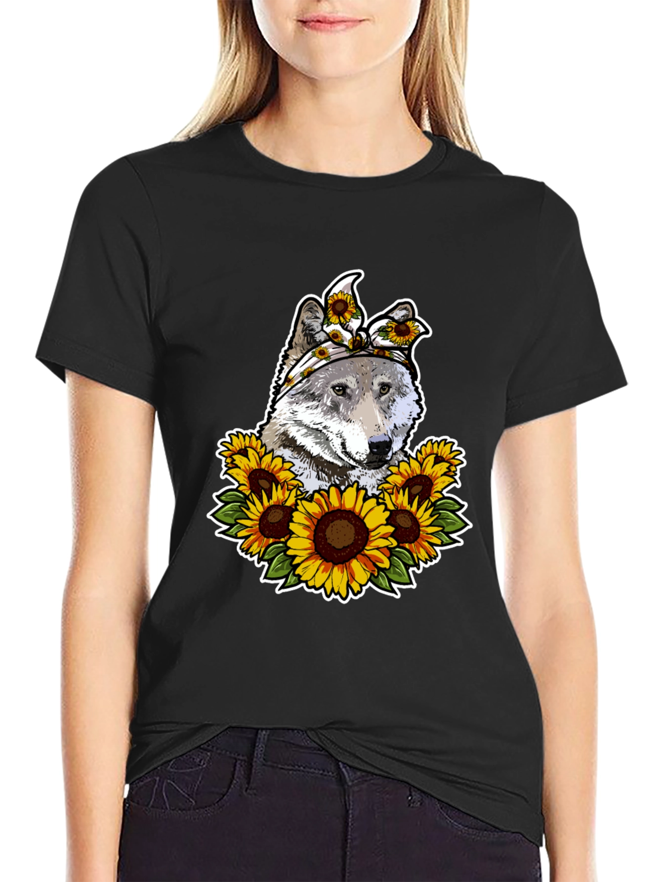 Wolf Sunflower Graphic Print T-Shirt