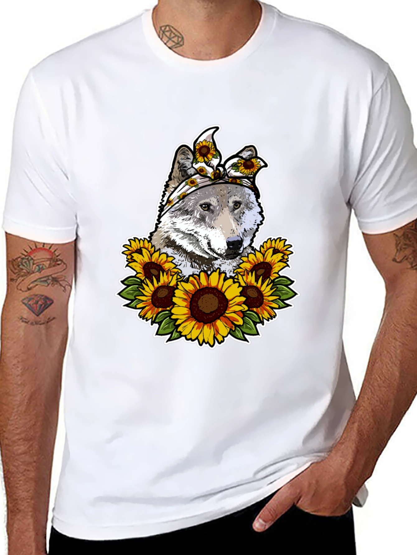 Wolf Sunflower Graphic Print T-Shirt