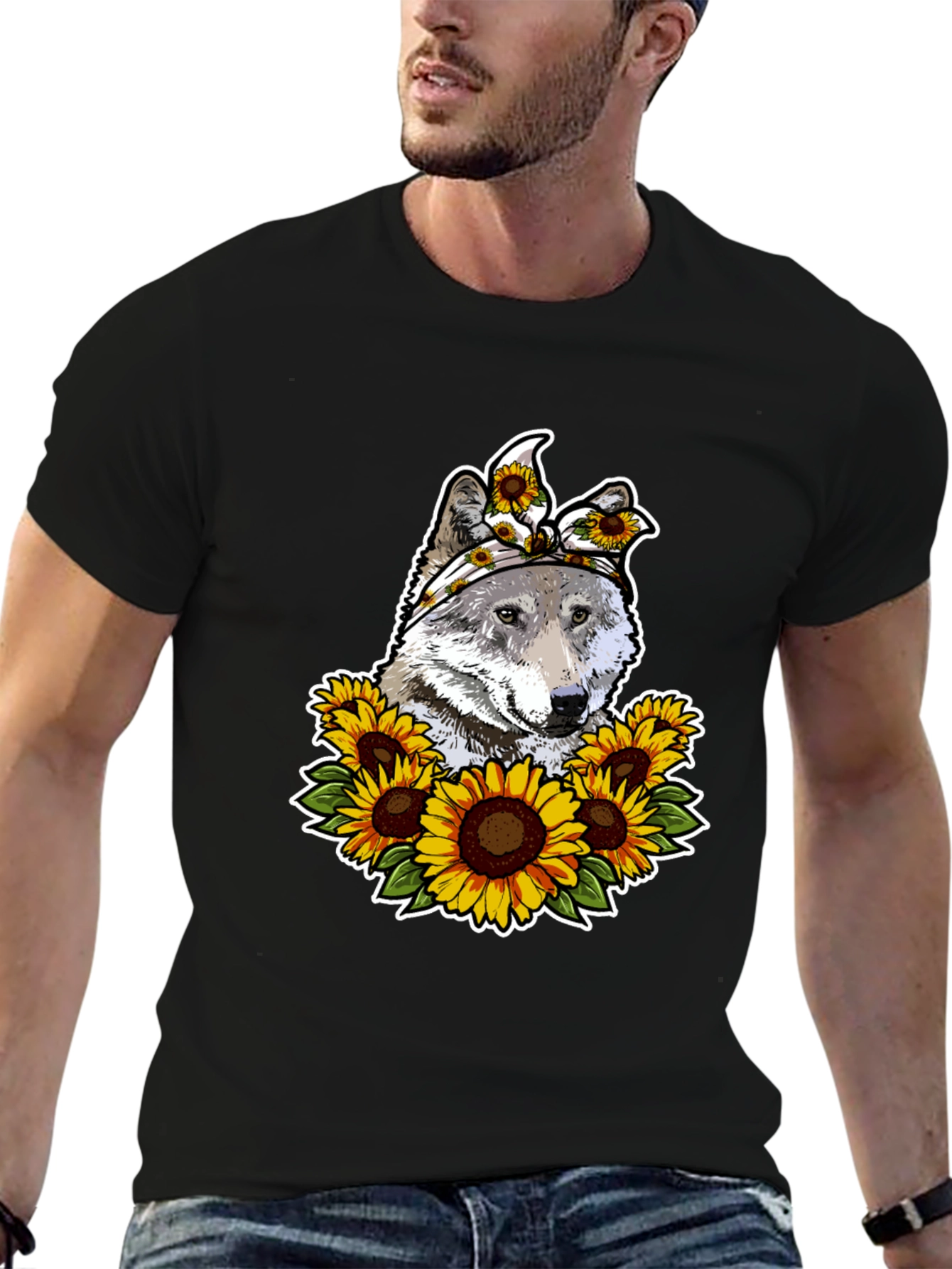 Wolf Sunflower Graphic Print T-Shirt