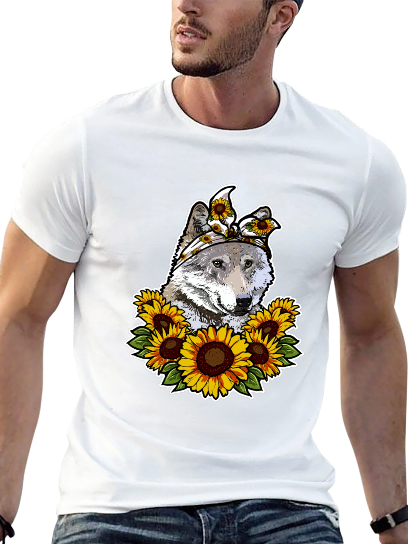 Wolf Sunflower Graphic Print T-Shirt
