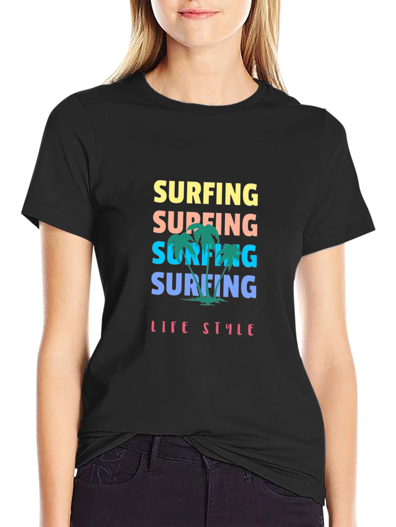 Surfing Lifestyle Graphic Tee - Black Cotton T-Shirt