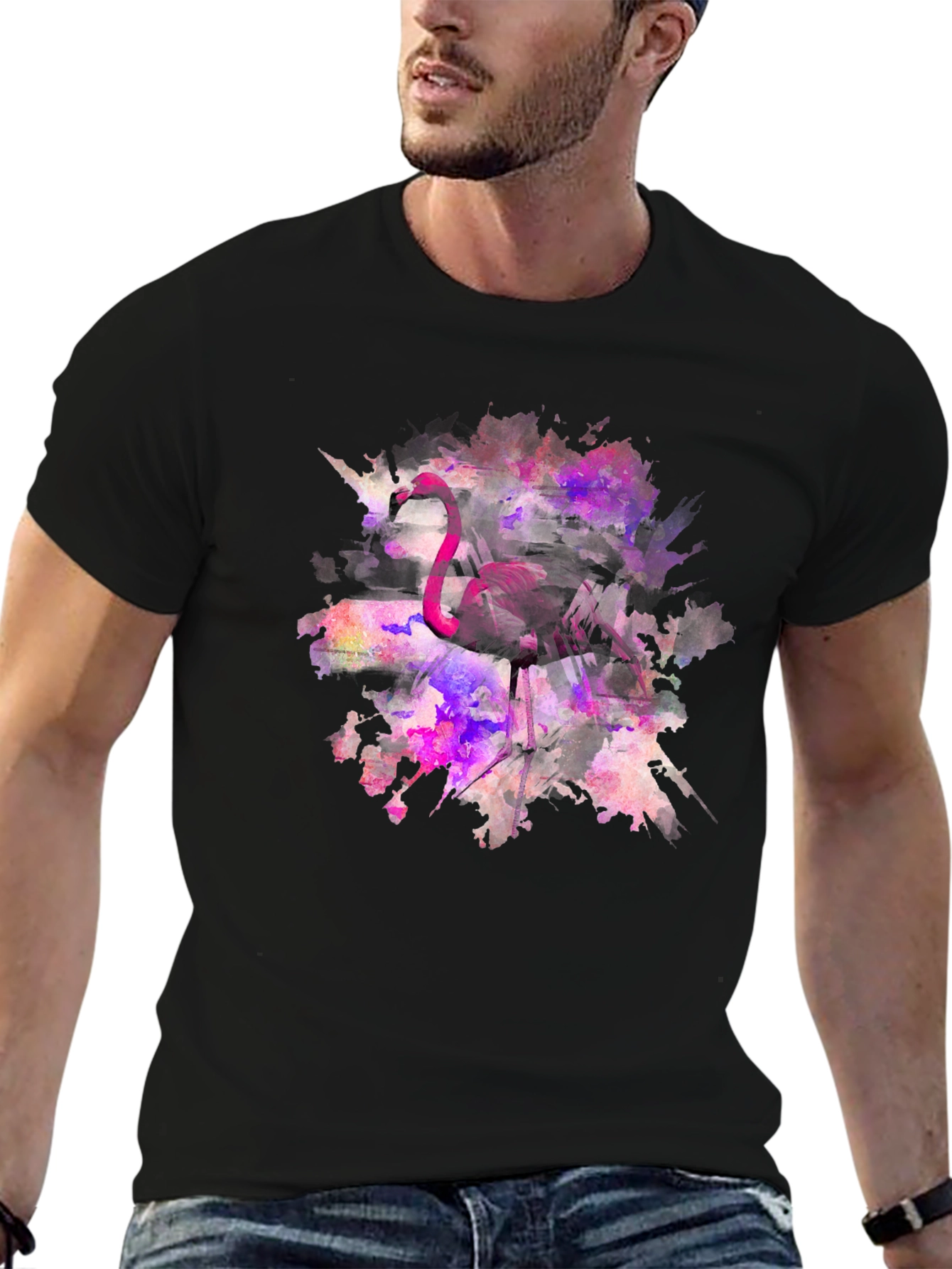 Flamingo Watercolor Black T-Shirt