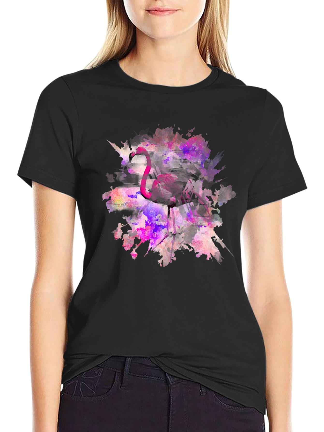 Flamingo Watercolor Black T-Shirt
