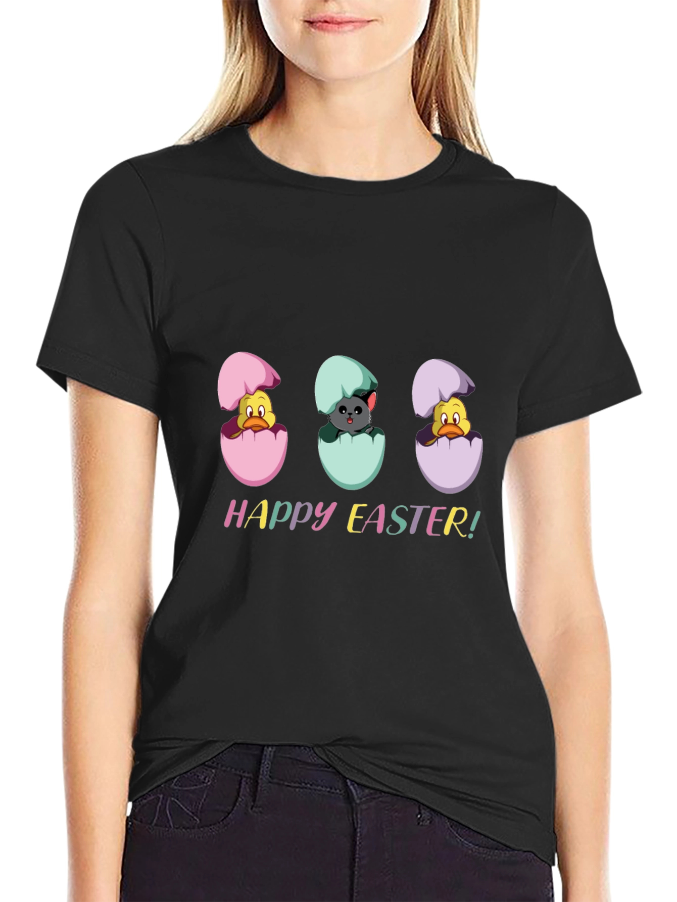 Happy Easter Black T-Shirt with Easter Egg Hatchlings
