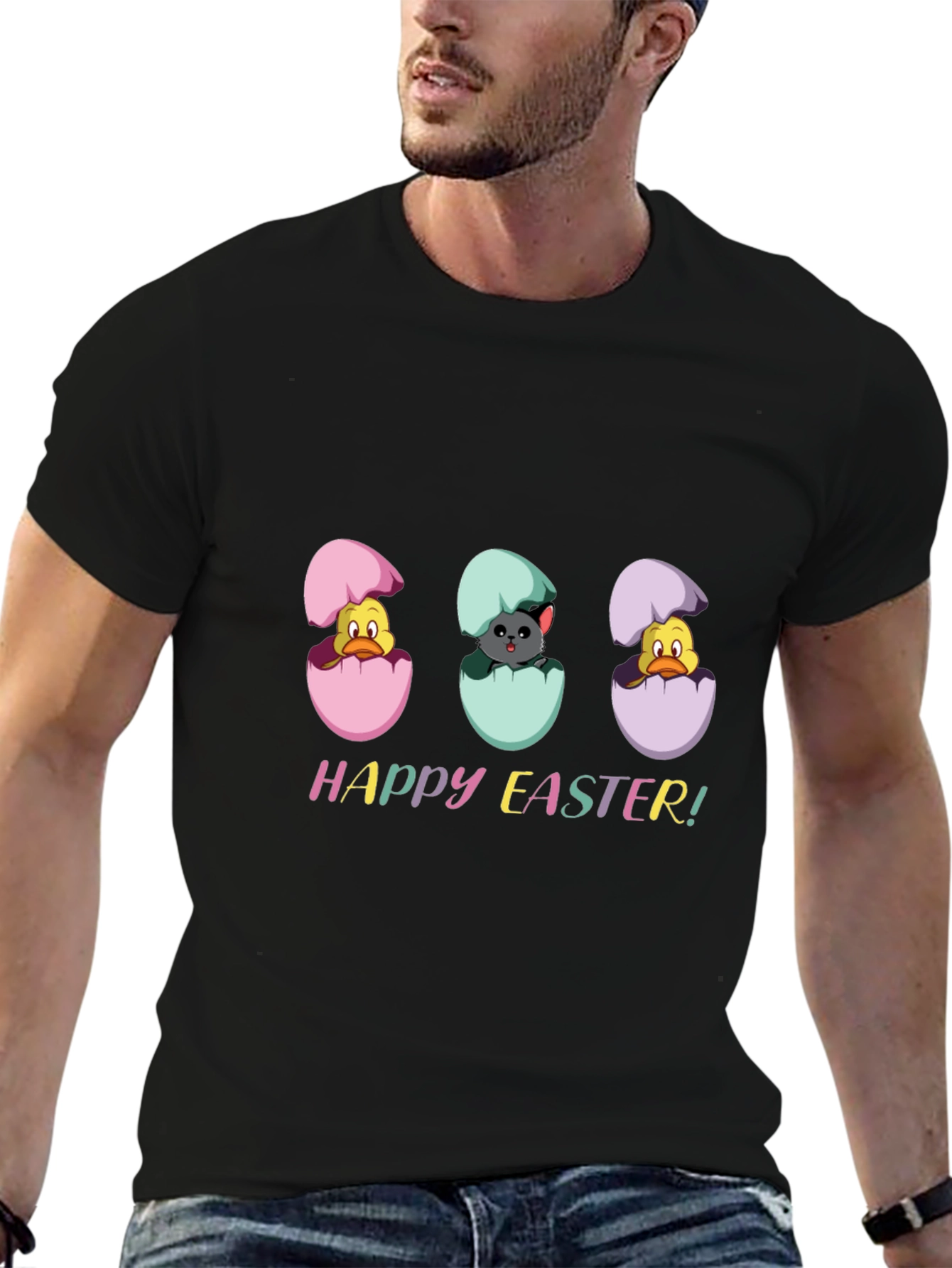 Happy Easter Black T-Shirt with Easter Egg Hatchlings