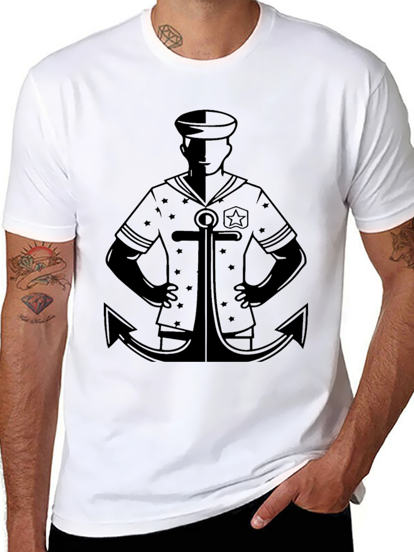 Nautical Sailor Anchor Graphic T-Shirt - Black