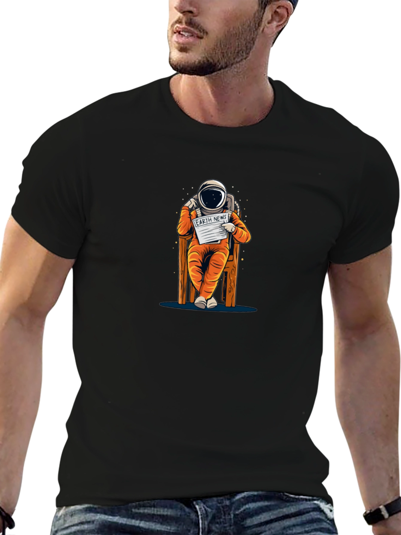 Astronaut Reading Newspaper Graphic T-Shirt - Black