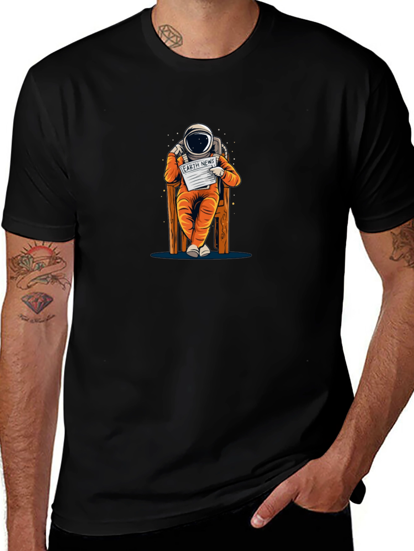 Astronaut Reading Newspaper Graphic T-Shirt - Black